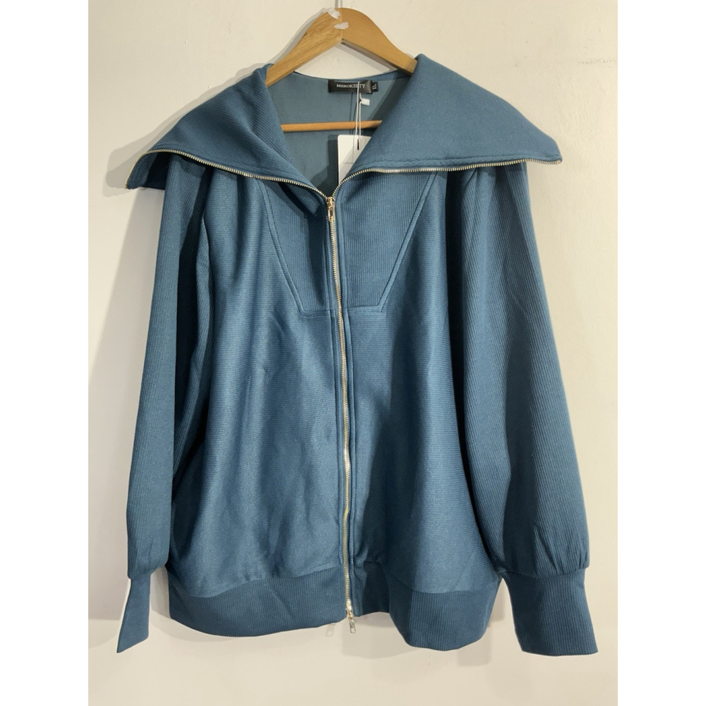 Womans Merokeety XL Classic & Comfy fashion Blue ribbed zip Collar Sweatshirt